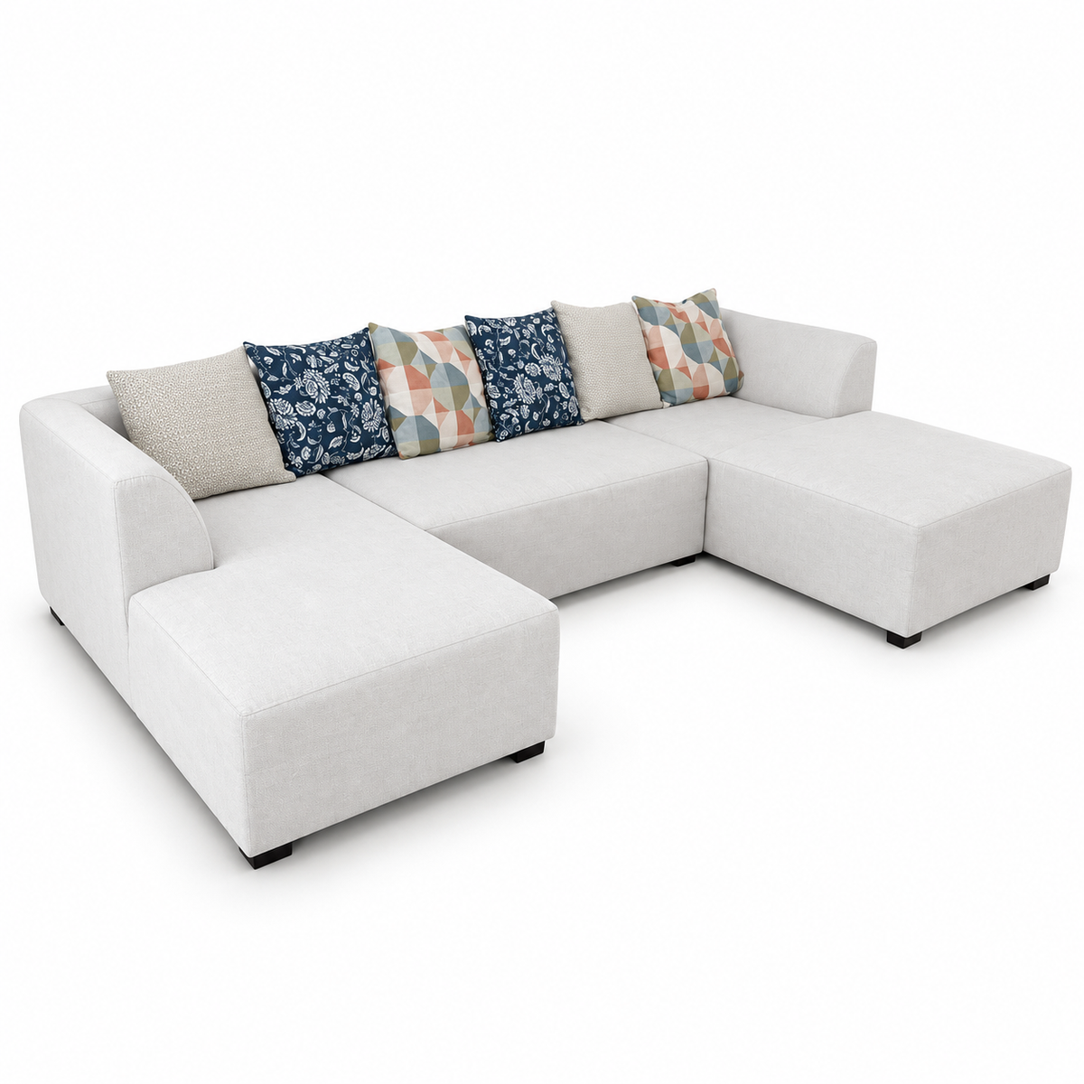 Danube Home Ivory U-Shaped Sectional Sofa with Double Chaise & 6 Decorative Cushions