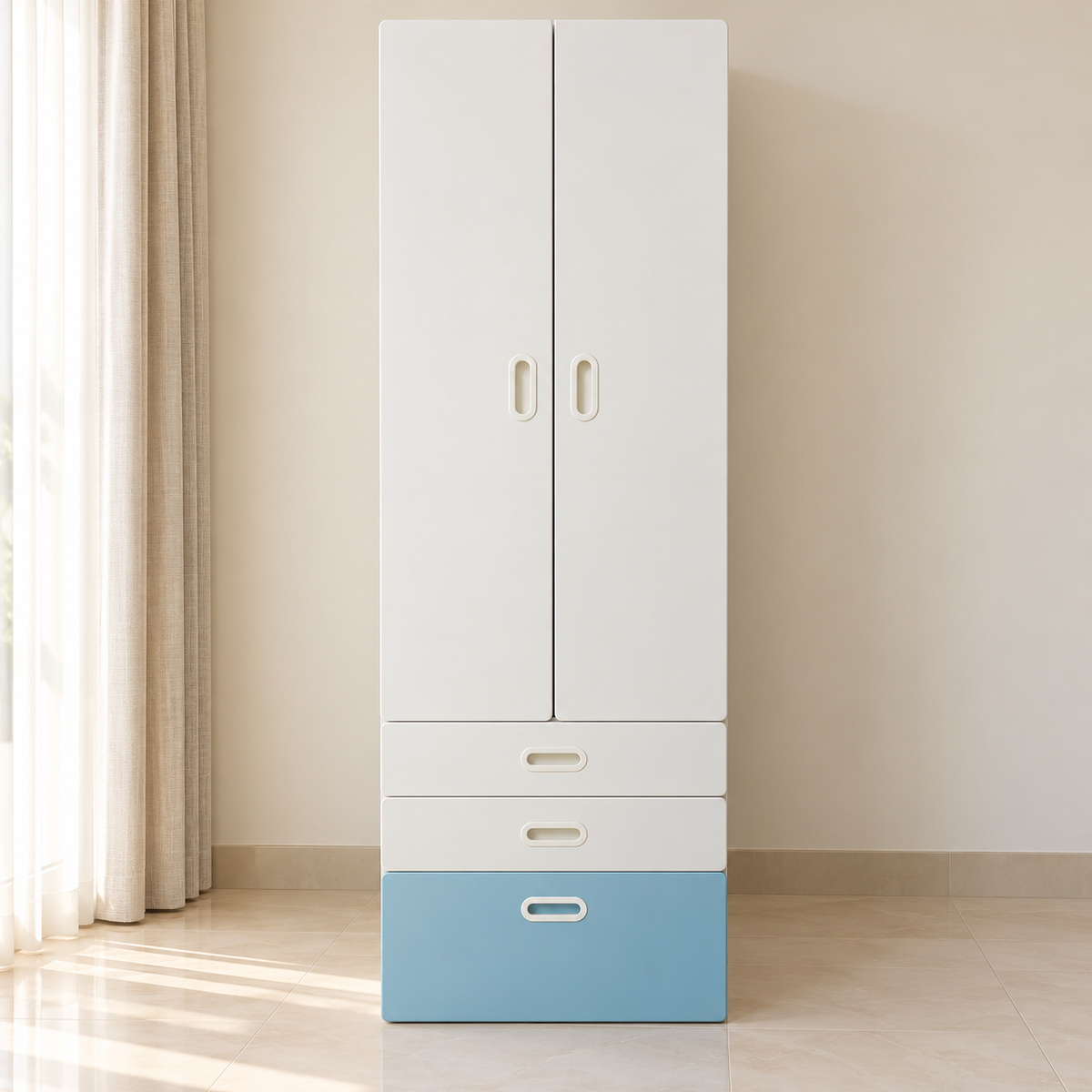 Home Centre 2-Door Wardrobe with 3 Drawers – White & Light Blue