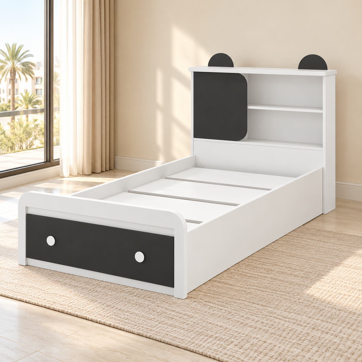 Danube Home Panda Single Kids Bed with Mattress &amp; Storage – White & Black – 90 × 190 cm