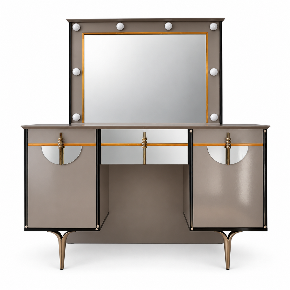 Danube Home Celestia King Bedroom Set with Mattress, 2 Nightstands & Lighted Dresser Mirror – 180 × 200 cm – Navy Blue, Taupe & Gold