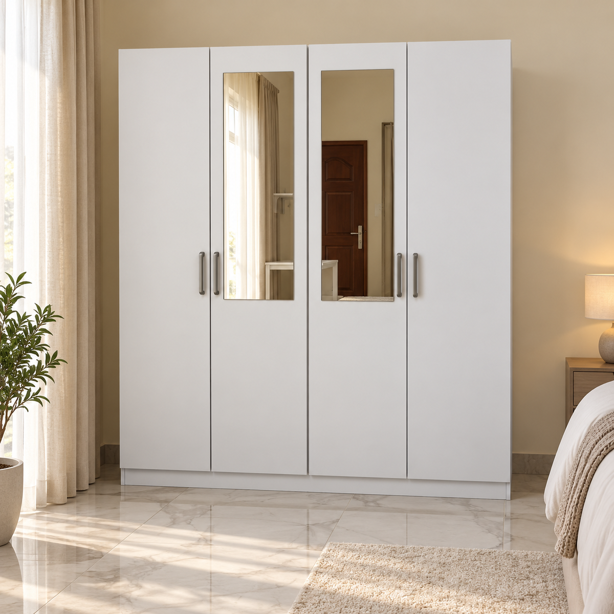 Home Box Oro 4-Door Wardrobe with 2 Mirrors – White – 182 × 60 × 216 cm