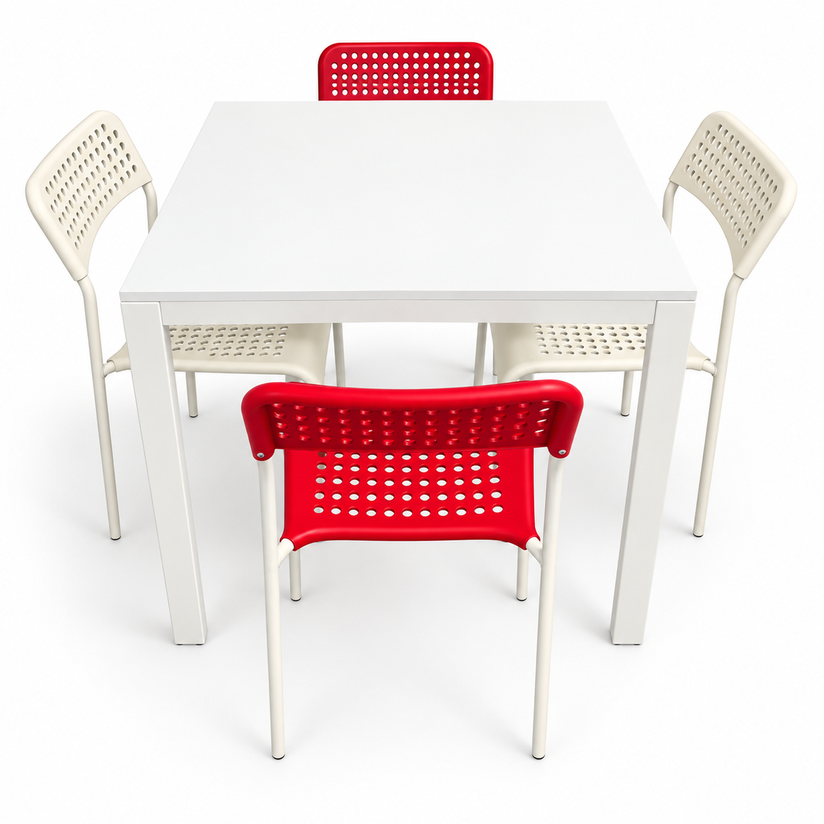 IKEA MELLTORP 4-Seater Dining Set – White Table with Red & Ivory Chairs – 75 × 75 cm