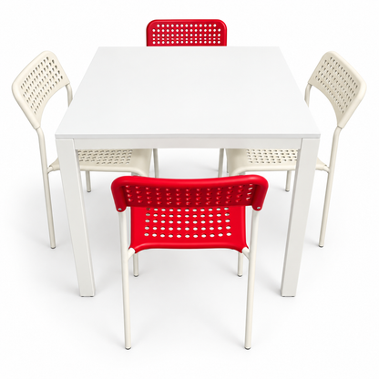IKEA MELLTORP 4-Seater Dining Set – White Table with Red & Ivory Chairs – 75 × 75 cm