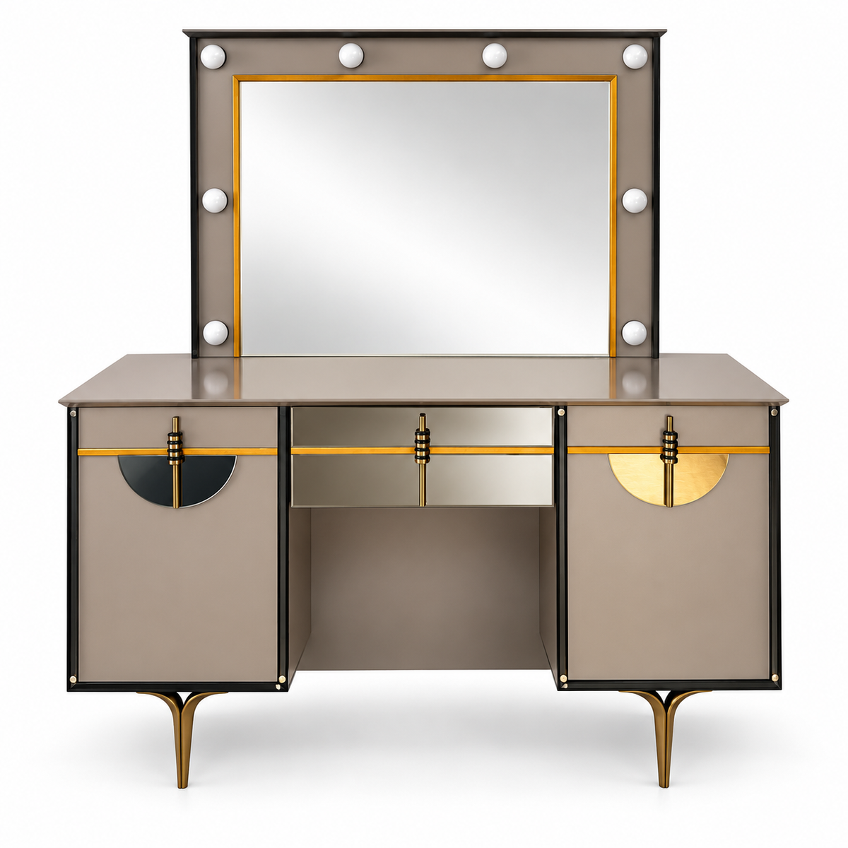 Danube Home Celestia King Bedroom Set with Mattress, 2 Nightstands & Lighted Dresser Mirror – 180 × 200 cm – Navy Blue, Taupe & Gold