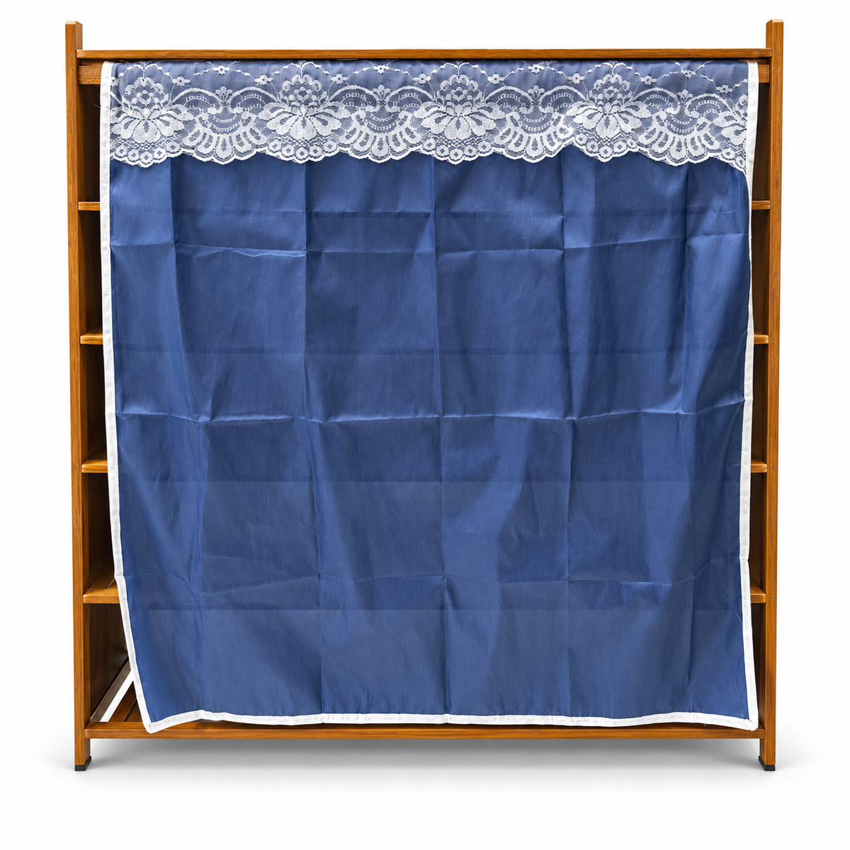 5-Tier Wooden Shoe Cabinet with Navy Blue Lace Curtain – Natural Brown