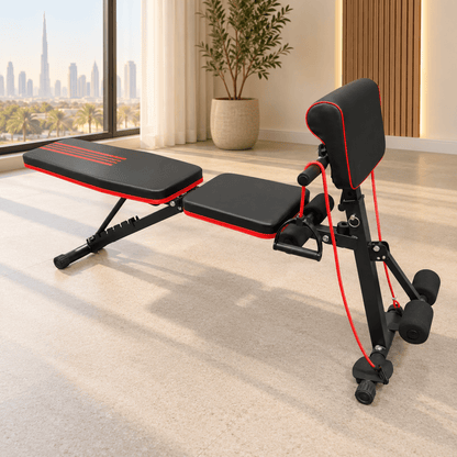 Adjustable Multi-Function Home Gym Workout Bench with Resistance Bands – Black & Red - Al Thahani Furniture