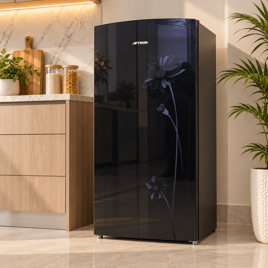 AFTRON AFR228GF 175L Single Door Refrigerator – Black Glass - Al Thahani Furniture