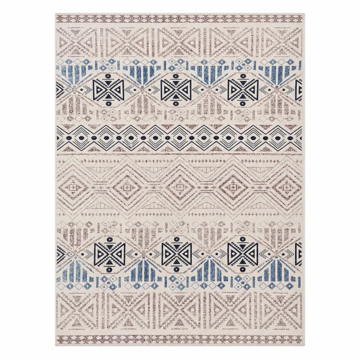 Tapis Agia Crème et Bleu | Motif géométrique vieilli, 160x230 cm - utilisé 5 mois