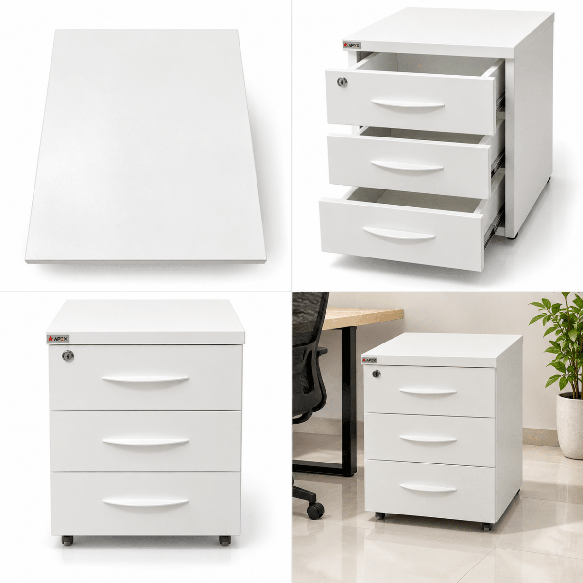 APEX 3-Drawer Mobile Office Pedestal with Lock – White – 42.5 × 49 × 54 cm - Al Thahani Furniture