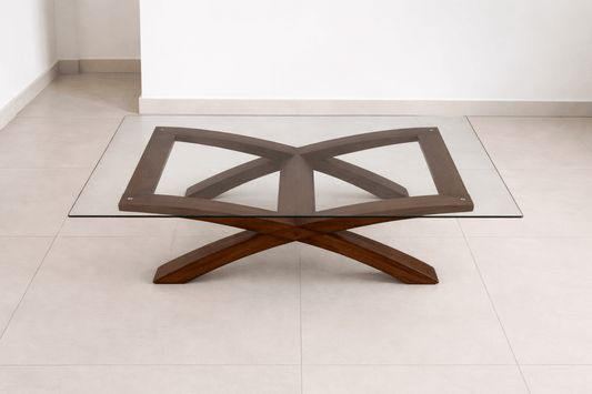 Archer / Paramount Style Coffee Table – Walnut Criss - Cross Base – Beveled Glass Top - althahanifurniture