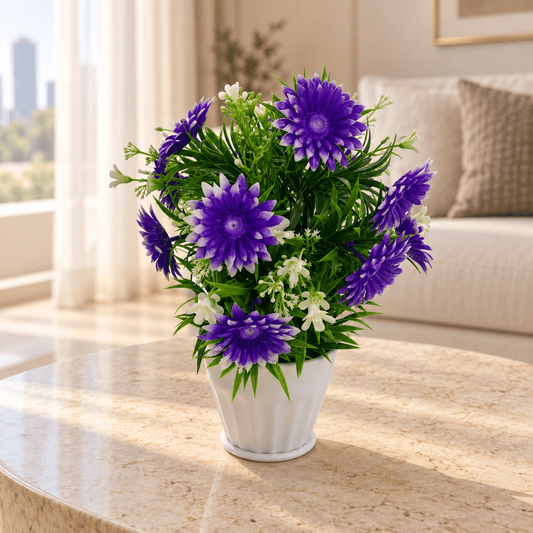 Artificial Purple Daisy Floral Arrangement in White Pot - Al Thahani Furniture
