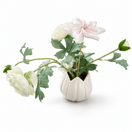 Artificial White Floral Arrangement in Sculptural Pot – White, Green & Soft Pink - Al Thahani Furniture