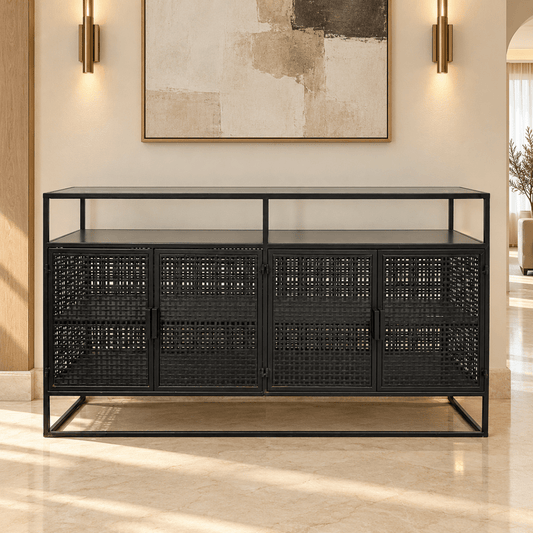 Aster Industrial 4-Door Metal Sideboard with Smoked Glass Top – 160 cm – Black - Al Thahani Furniture