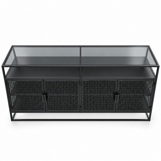 Aster Industrial 4-Door Metal Sideboard with Smoked Glass Top – 160 cm – Black - Al Thahani Furniture