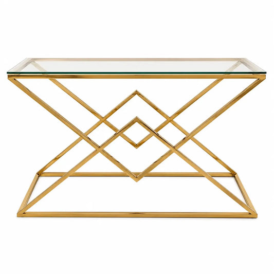 Audrey Glass Console Table | Gold Stainless Steel Base, 120x40x81.5 cm - used 3 months - Al Thahani Furniture