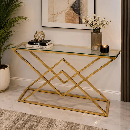 Audrey Glass Console Table | Gold Stainless Steel Base, 120x40x81.5 cm - used 3 months - Al Thahani Furniture