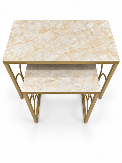 Aurelia Arch 2-Piece Nesting Side Table Set with Marble-Effect Tops – Cream & Gold - Al Thahani Furniture