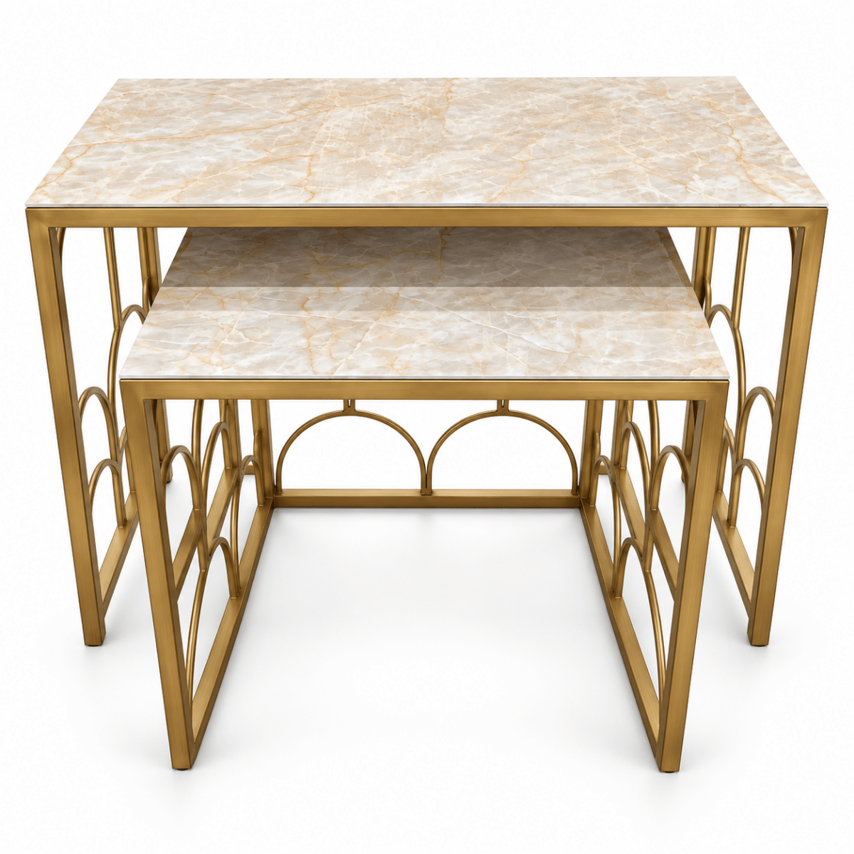 Aurelia Arch 2-Piece Nesting Side Table Set with Marble-Effect Tops – Cream & Gold - Al Thahani Furniture