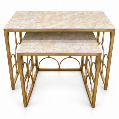 Aurelia Arch 2-Piece Nesting Side Table Set with Marble-Effect Tops – Cream & Gold - Al Thahani Furniture