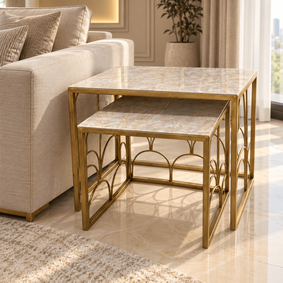 Aurelia Arch 2-Piece Nesting Side Table Set with Marble-Effect Tops – Cream & Gold - Al Thahani Furniture