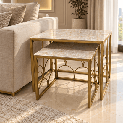 Aurelia Arch 2-Piece Nesting Side Table Set with Marble-Effect Tops – Cream & Gold - Al Thahani Furniture