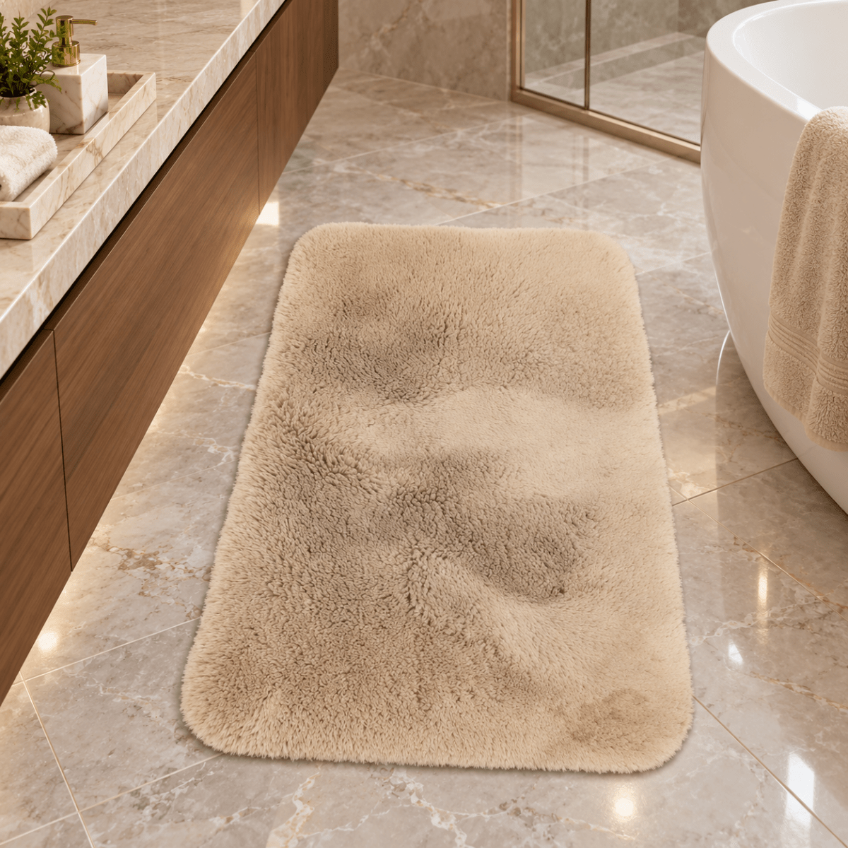 Beige Plush High-Pile Bath Mat – Soft Rectangular Design - Al Thahani Furniture