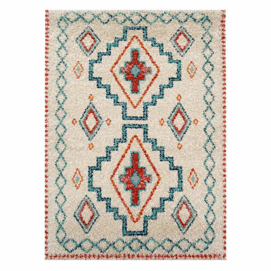 Benuta Gobi Shaggy Rug | Cream with Blue & Red Geometric Berber Pattern, 160x230 cm - used 3 months - Al Thahani Furniture