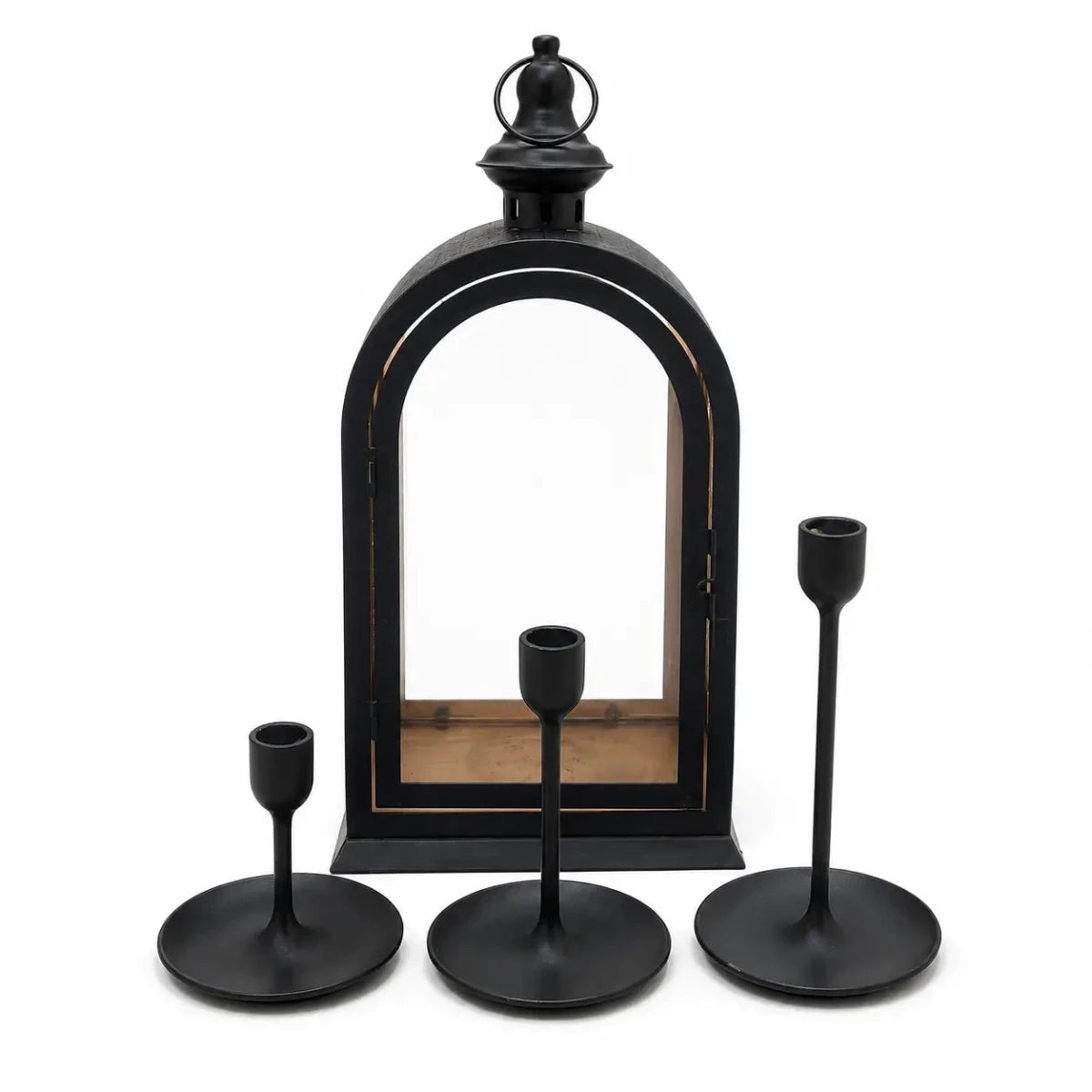 Black Metal Arched Lantern & Matte Black Candlestick Set - used 3 months - Al Thahani Furniture