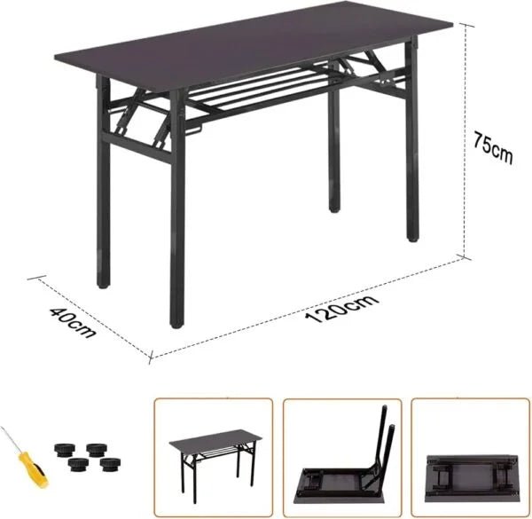 Black Metal Frame Folding Table | Dark Wood Grain Top - althahanifurniture