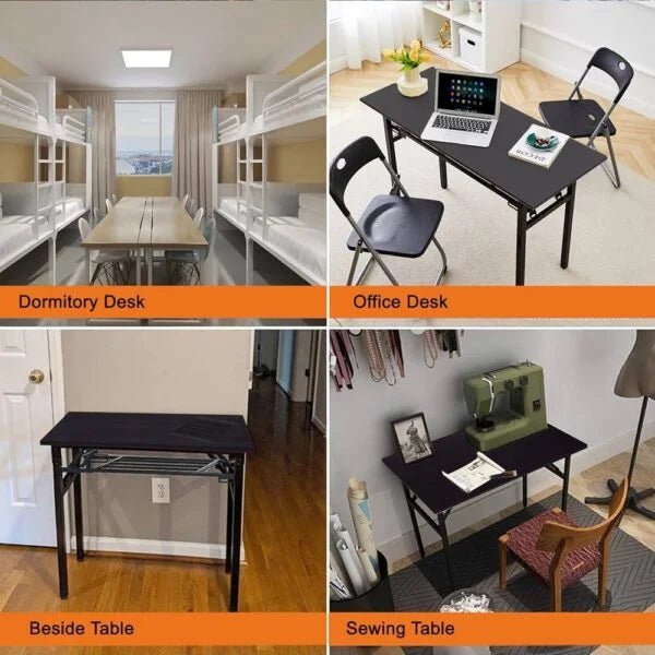 Black Metal Frame Folding Table | Dark Wood Grain Top - althahanifurniture