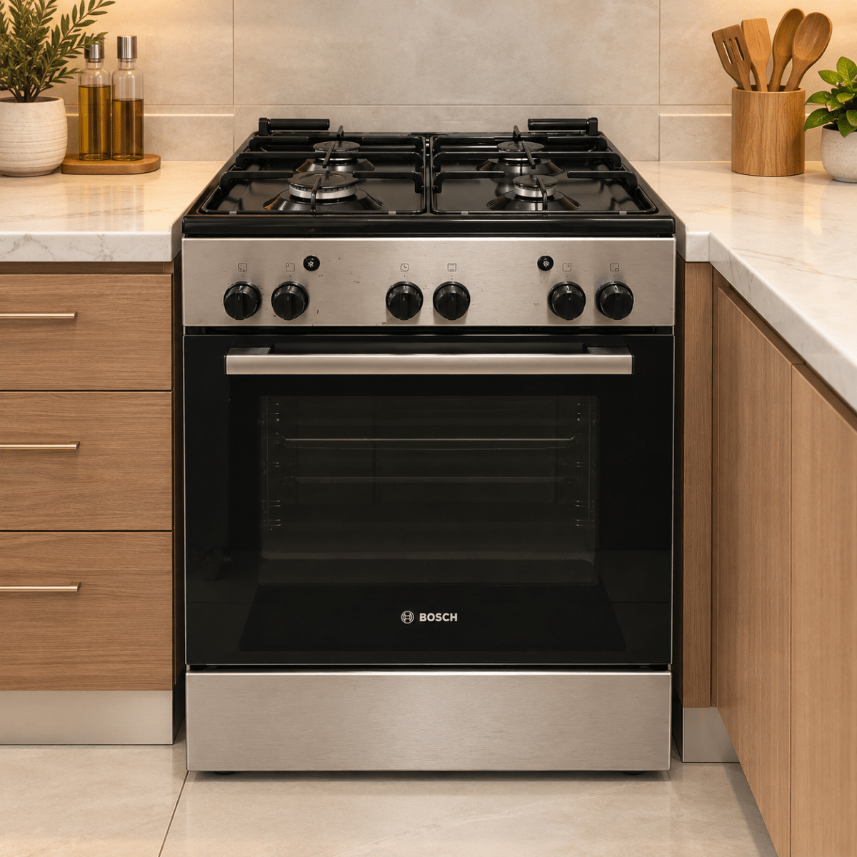 Bosch 4-Burner Freestanding Gas Cooker with Oven – Stainless Steel – 60 × 60 cm - Al Thahani Furniture