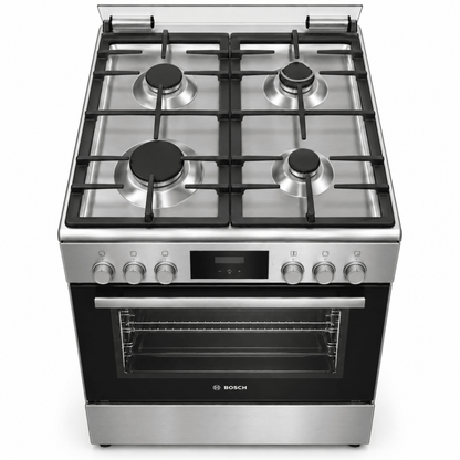 Bosch Series 4 HXQ38AE50M 60cm Dual-Fuel Cooker – 4 Gas Burners & 66L Electric Oven – Stainless Steel - Al Thahani Furniture