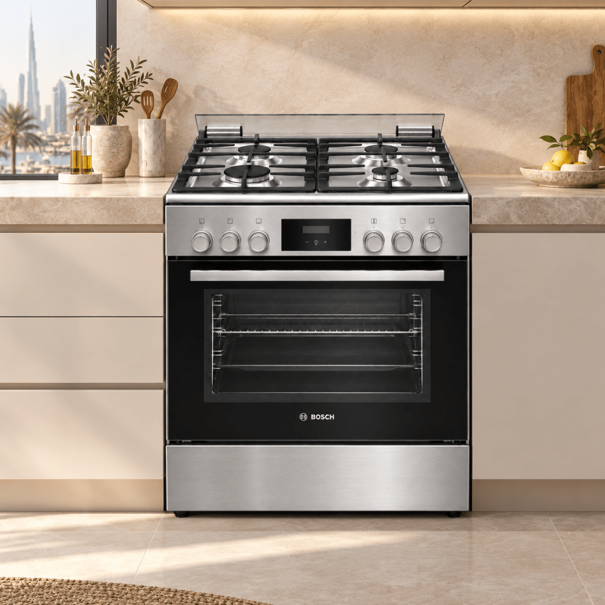 Bosch Series 4 HXQ38AE50M 60cm Dual-Fuel Cooker – 4 Gas Burners & 66L Electric Oven – Stainless Steel - Al Thahani Furniture