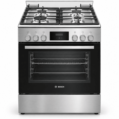 Bosch Series 4 HXQ38AE50M 60cm Dual-Fuel Cooker – 4 Gas Burners & 66L Electric Oven – Stainless Steel - Al Thahani Furniture