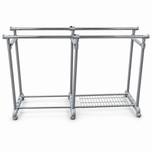 Brightline Double Rod Adjustable Garment Rack with Wheels & Bottom Shelf – 80 × 41 × 160 cm - Al Thahani Furniture