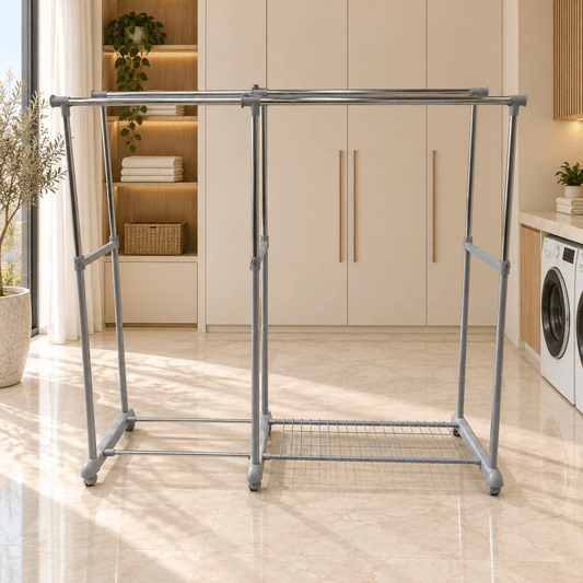 Brightline Double Rod Adjustable Garment Rack with Wheels & Bottom Shelf – 80 × 41 × 160 cm - Al Thahani Furniture