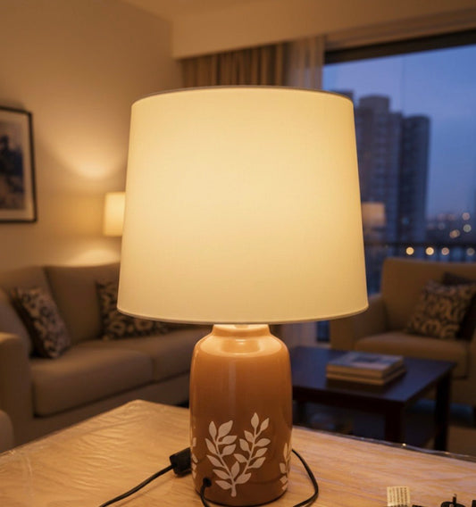 Brown Ceramic Table Lamp with White Leaf Pattern & White Fabric Shade - althahanifurniture