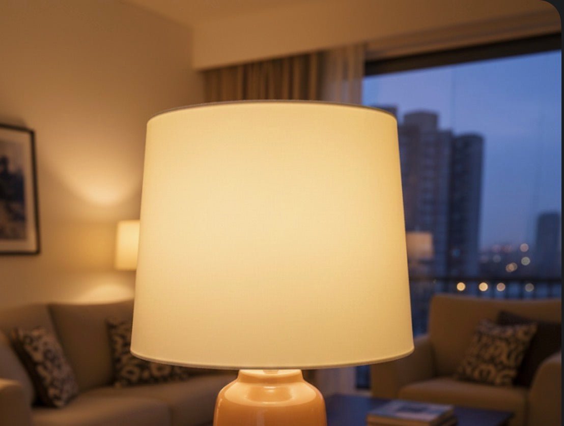 Brown Ceramic Table Lamp with White Leaf Pattern & White Fabric Shade - althahanifurniture