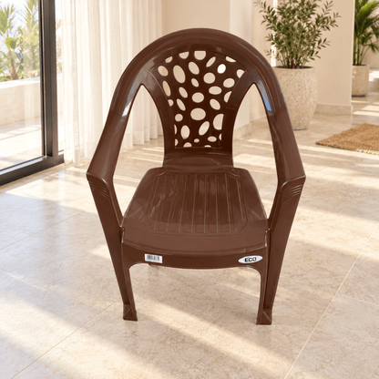 Brown Plastic Armchair with Armrests & Decorative Perforated Backrest - Al Thahani Furniture