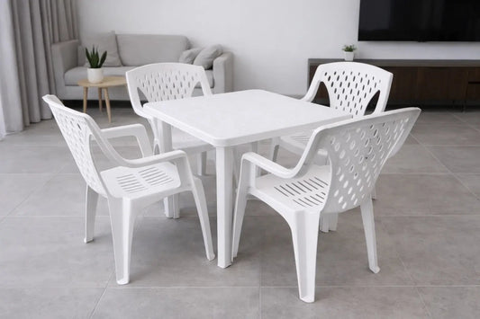 CCosmoplast 4 - Seater Dining Set – White Plastic – 80x80 cm Square Table + 4 Matching Chairs - althahanifurniture