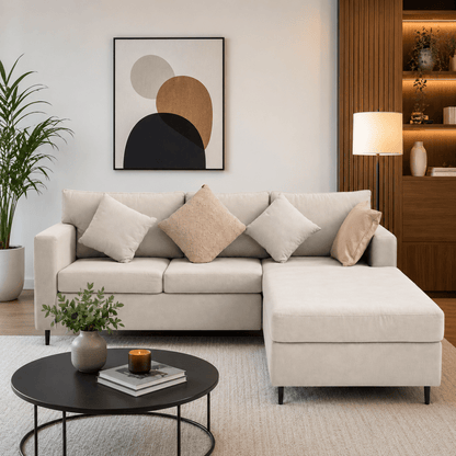 Chaise Corner Sofa | Oatmeal/Cream Linen Fabric, 3-Seater - used 5 months - Al Thahani Furniture
