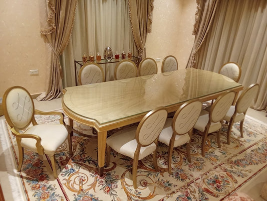 Classical Wooden Glass - Top Dining Set – Rectangular Table + Upholstered Chairs, 228.6 cm, Luxury Style - althahanifurniture