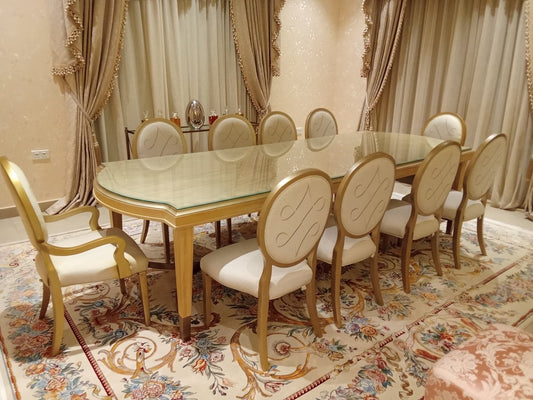 Classical Wooden Glass - Top Dining Set – Rectangular Table + Upholstered Chairs, 228.6 cm, Luxury Style - althahanifurniture