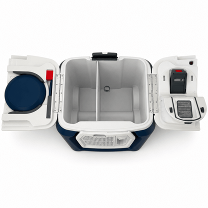 Coolest Cooler Wheeled Party Cooler with Blender, Bluetooth Speaker &amp; Accessories | Navy Blue &amp; White - Al Thahani Furniture