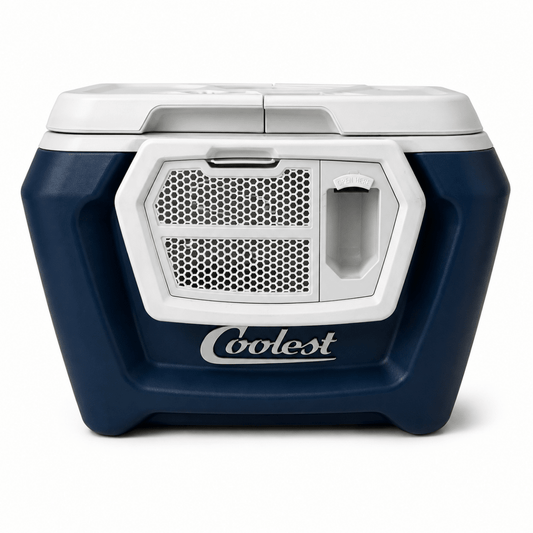 Coolest Cooler Wheeled Party Cooler with Blender, Bluetooth Speaker &amp; Accessories | Navy Blue &amp; White - Al Thahani Furniture
