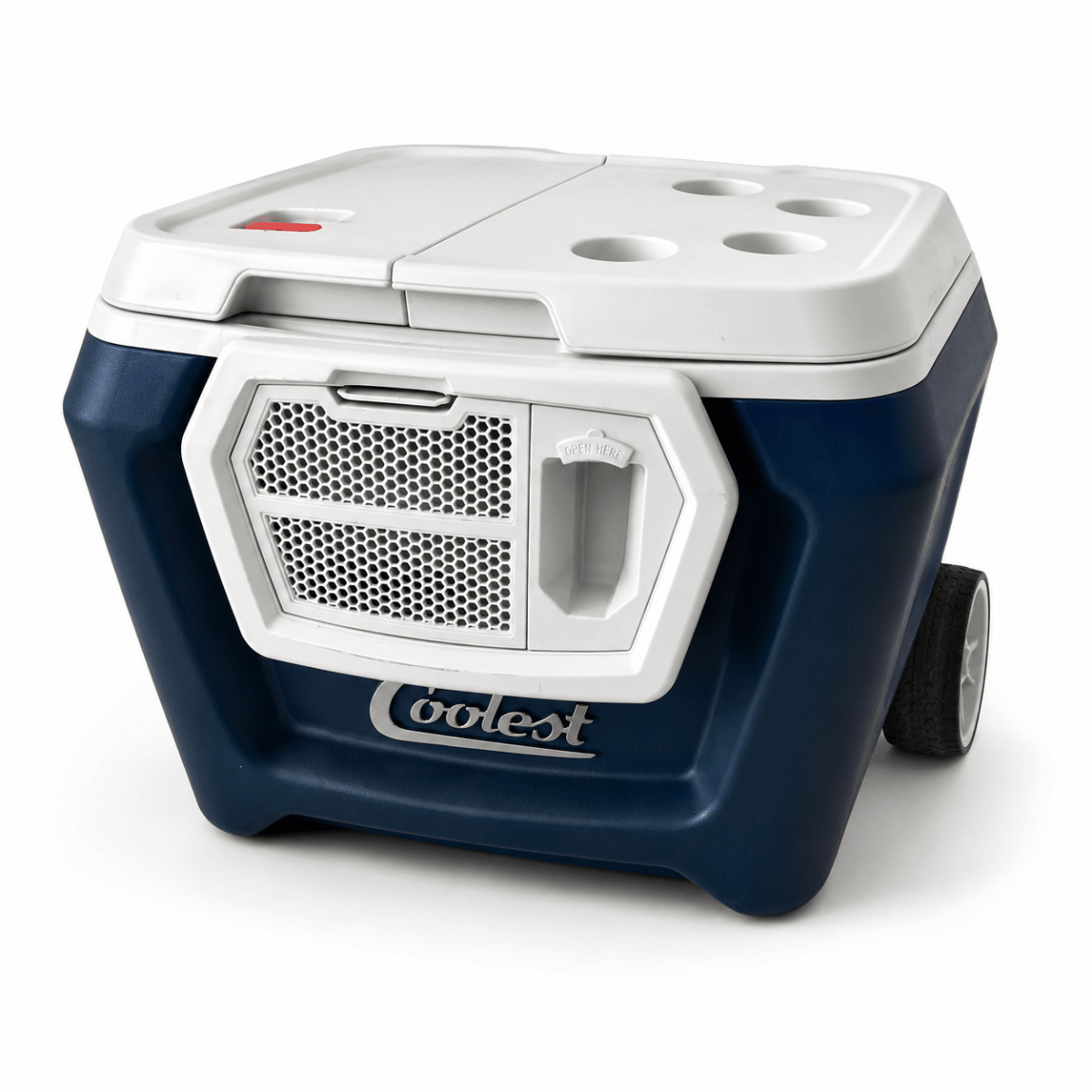 Coolest Cooler Wheeled Party Cooler with Blender, Bluetooth Speaker &amp; Accessories | Navy Blue &amp; White - Al Thahani Furniture