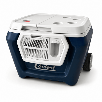 Coolest Cooler Wheeled Party Cooler with Blender, Bluetooth Speaker &amp; Accessories | Navy Blue &amp; White - Al Thahani Furniture