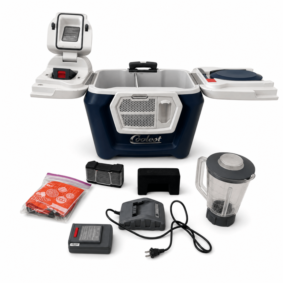 Coolest Cooler Wheeled Party Cooler with Blender, Bluetooth Speaker &amp; Accessories | Navy Blue &amp; White - Al Thahani Furniture