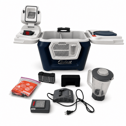 Coolest Cooler Wheeled Party Cooler with Blender, Bluetooth Speaker &amp; Accessories | Navy Blue &amp; White - Al Thahani Furniture