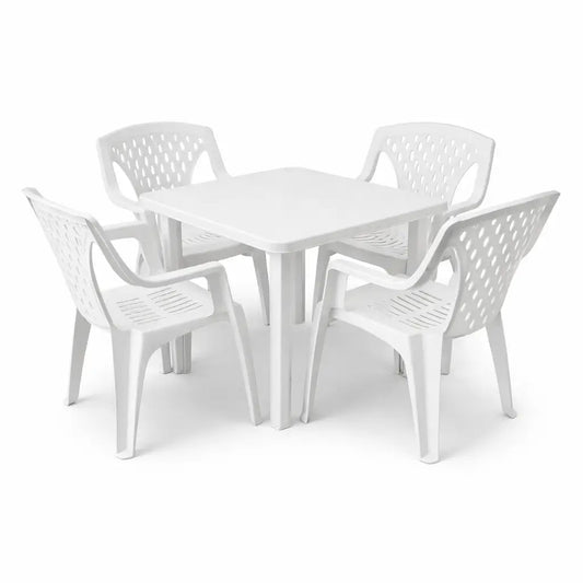 Cosmoplast 4 - Seater Dining Set – White Plastic – 80x80 cm Square Table + 4 Matching Chairs - althahanifurniture